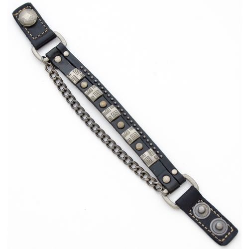 CJH-101 Black Leather bracelet with chain and studs - Click Image to Close