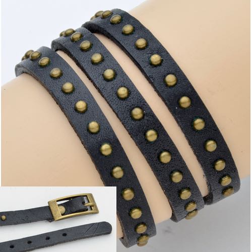 CJH-202 Black Leather with brass studs bracelet/choker - Click Image to Close