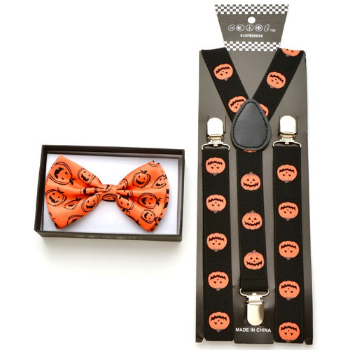 Orange Bow tie with jack o lantern print and black suspenders - Click Image to Close