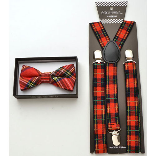 Red plaid Bow tie and red plaid suspenders. - Click Image to Close